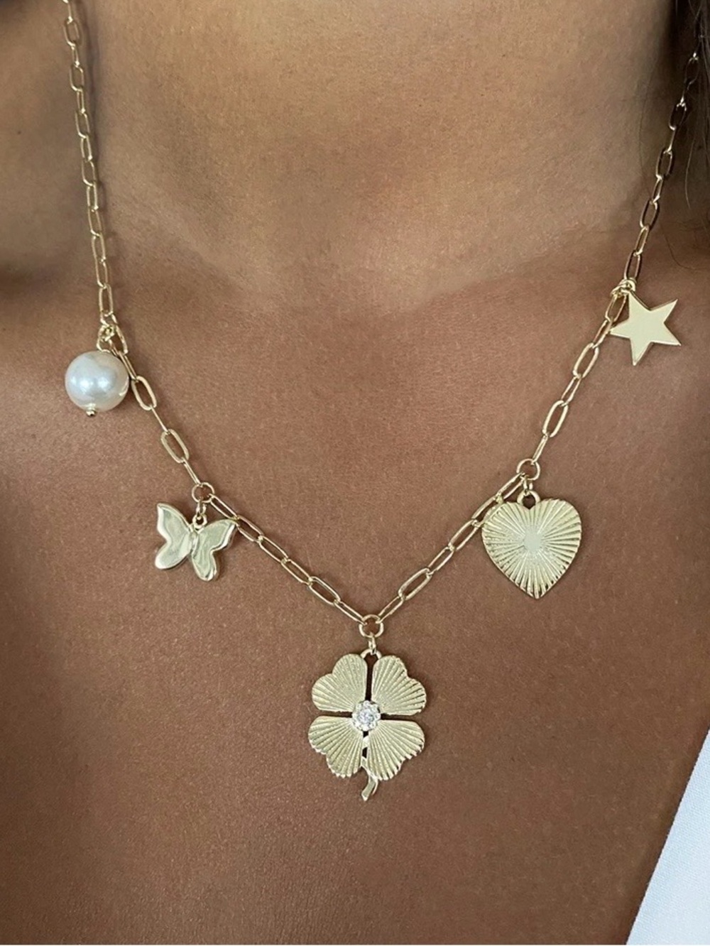 14K gold plated Charm Link Necklace with Flower, Heart, Star, Butterfly andPearl